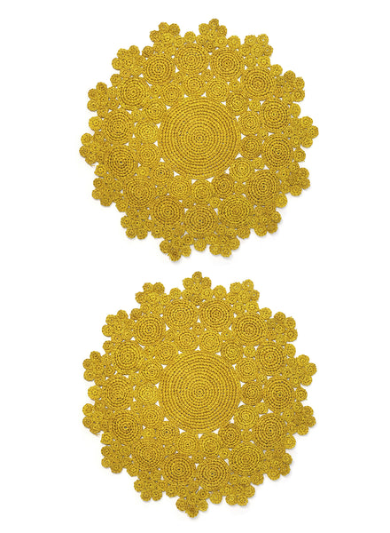 SET OF 2 FLEUR PLACEMATS - Pair of large, hand-woven raffia placemats in yellow - 2