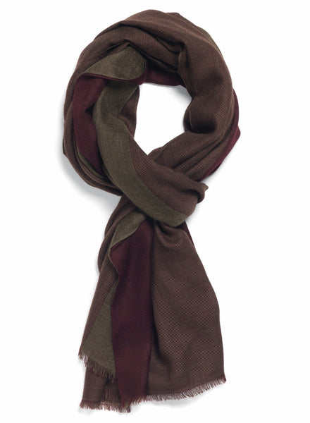 THE DOUBLE - Burgundy and olive green dual weave pure cashmere woven scarf - tied