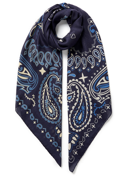 THE BANDANA SQUARE - Navy printed modal and cashmere scarf - tied