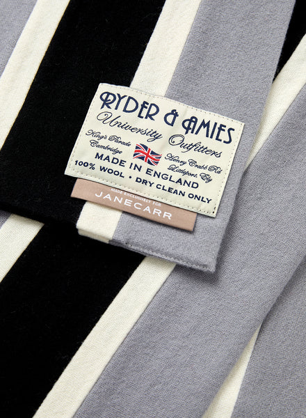 THE SCHOOL SCARF - Orca grey, black and white striped wool scarf - detail