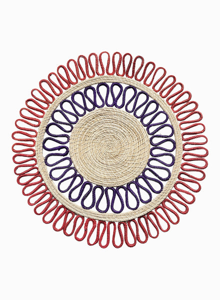 SET OF TWO MAGNOLIA PLACEMATS - Pair of large, hand woven raffia placemats in red and purple - one