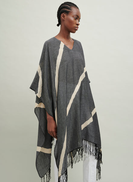The Stripe Kaftan, black and cream fringed cashmere and linen kaftan - model 1