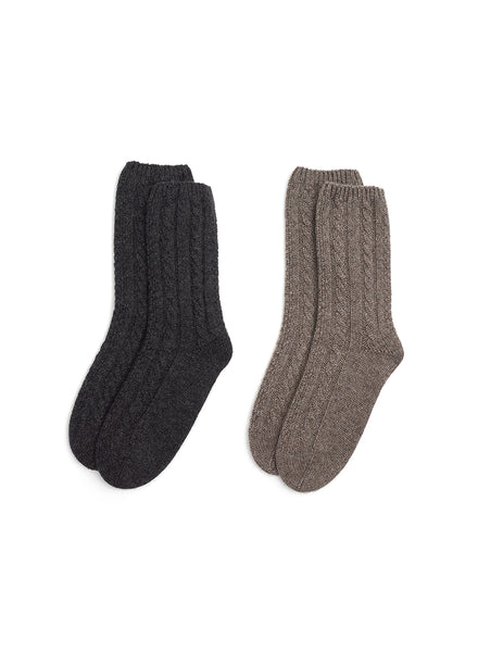 JANECARR - Set Of Two Men’s Cable Cashmere Socks, Charcoal And Wood - Two Pairs