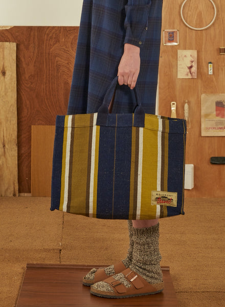 THE CABANA BAG - Navy Blue Striped Cotton and Jute Tote - model