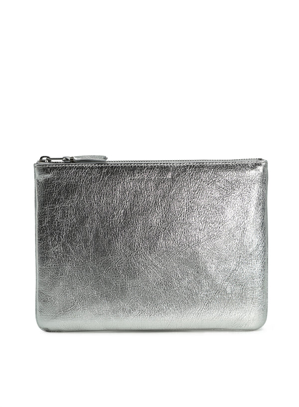 COMME DES GARÇONS - Metallic Leather Zip Pouch, Silver - Front