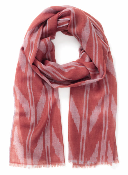 THE ZIG ZAG SCARF - Coral red two tone pure cashmere woven scarf - tied