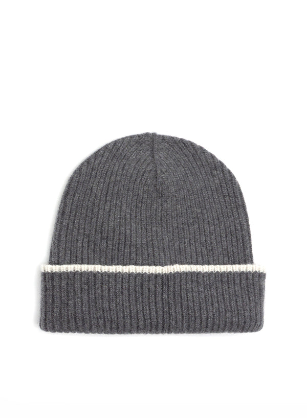 JANECARR - The Ribbed Cashmere Beanie, Grey And White - Front