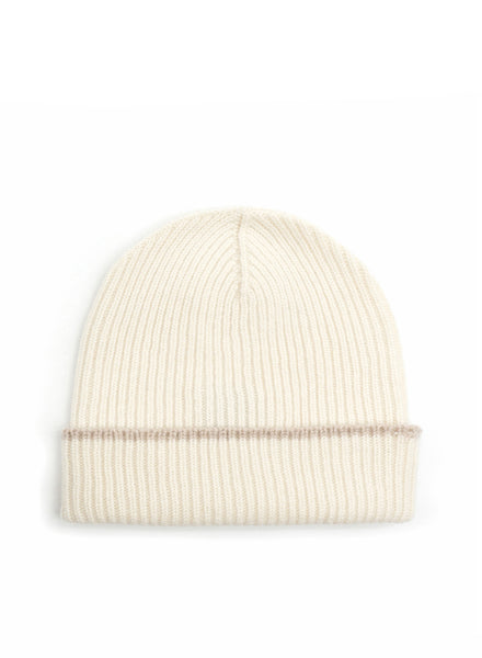 JANECARR - The Ribbed Cashmere Beanie, White And Camel - Front