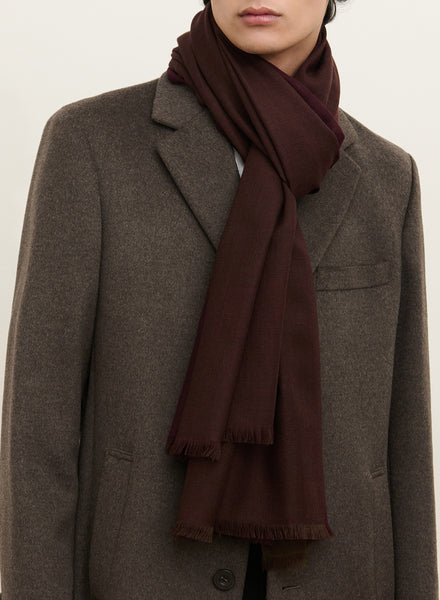 THE DOUBLE - Burgundy and olive green dual weave pure cashmere woven scarf - male model 1