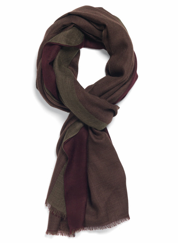 THE DOUBLE - Burgundy and olive green dual weave pure cashmere woven scarf - tied