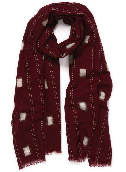 THE IKAT SCARF - Dark red two tone pure cashmere woven scarf - tied