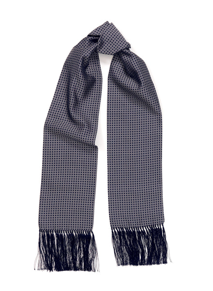 THE CHECK FRINGED SILK SCARF - Navy and white pure silk jacquard scarf - Tied