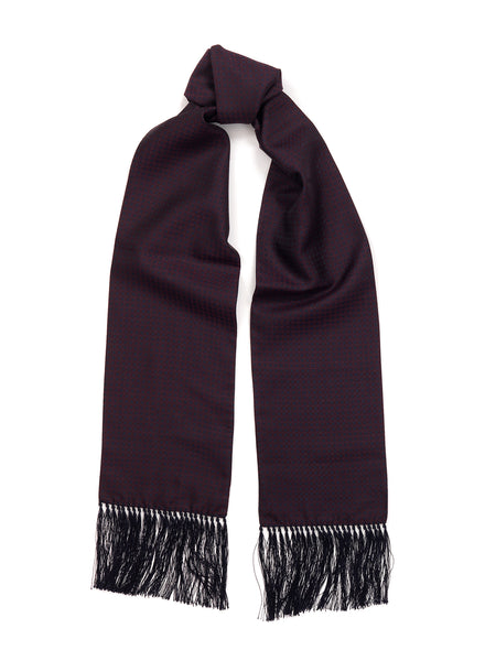 THE CHECK FRINGED SILK SCARF - Navy and burgundy pure silk jacquard scarf - Tied