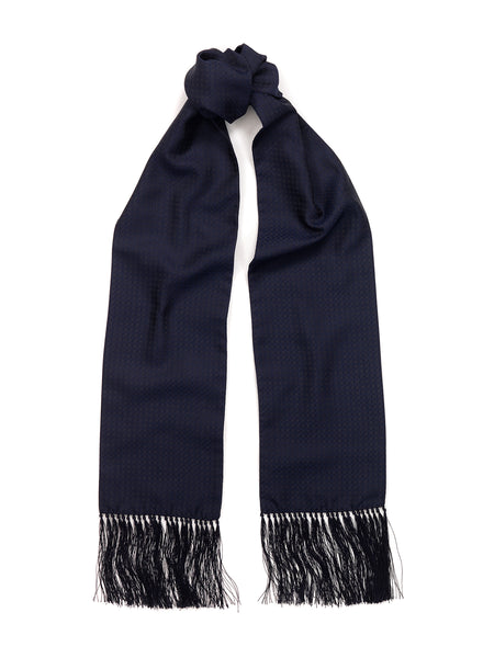 THE CHECK FRINGED SILK SCARF - Navy pure silk jacquard scarf - Tied