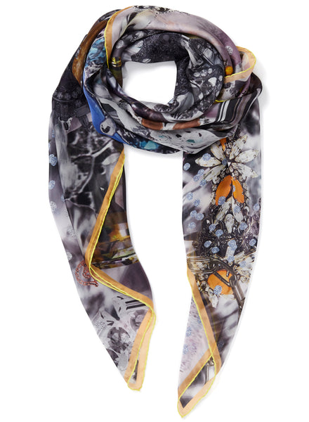 THE TRÉSOR SQUARE - Purple multicolour printed silk voile scarf - tied