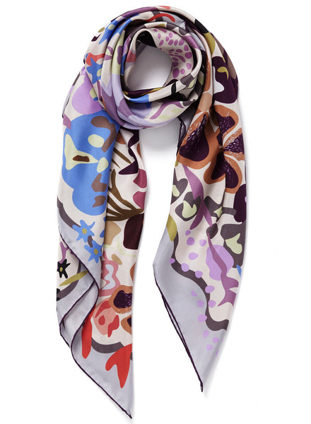 THE HEDGEROW SQUARE - Grey multicolour printed silk twill scarf - tied