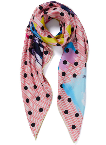 THE BECKETT SQUARE - Pink multicolour printed silk twill scarf - tied