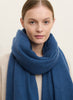 THE LUXE - Denim blue oversized pure cashmere knit wrap - model