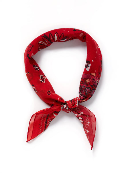 JANE CARR The Ranch Neckerchief in Poppy, red printed cotton and silk-blend scarf – tied