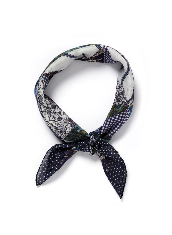 JANE CARR The Prairie Neckerchief in Navy, navy multicolour printed cotton and silk-blend scarf – tied