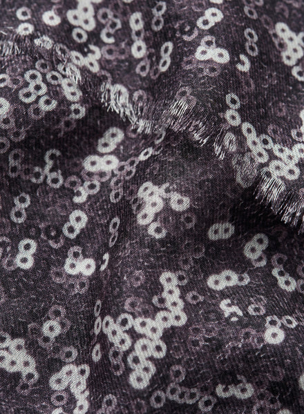 JANE CARR - THE OPERA WRAP - Purple grey printed modal and cashmere scarf - detail