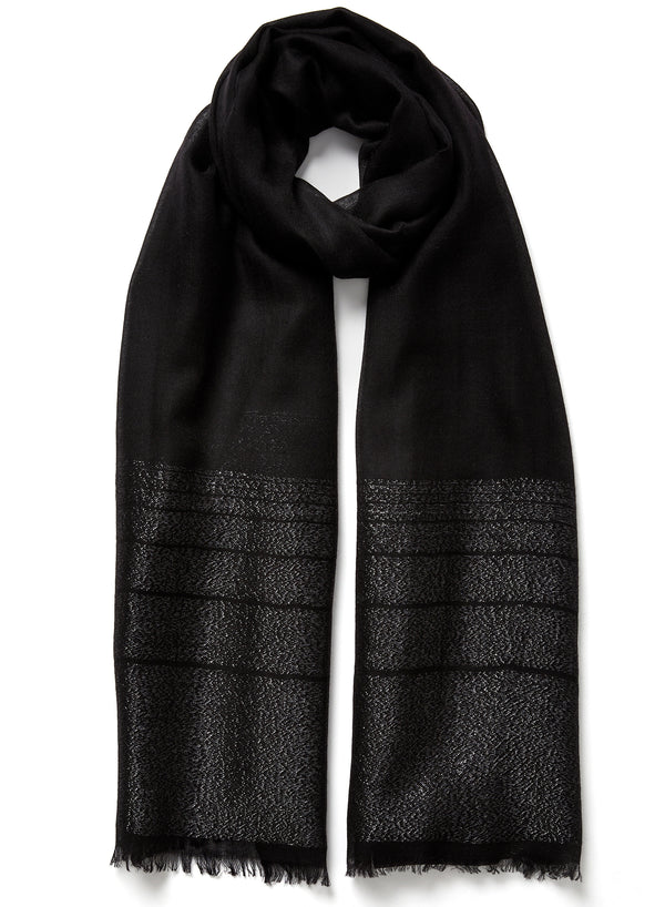 JANE CARR, THE TANGO SCARF - Black pure cashmere scarf with silver metallic stripes - tied