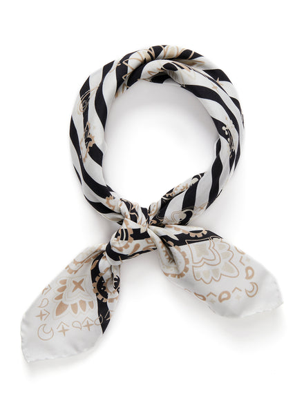 THE BRETON NECKERCHIEF - Black and white printed cotton and silk scarf - tied