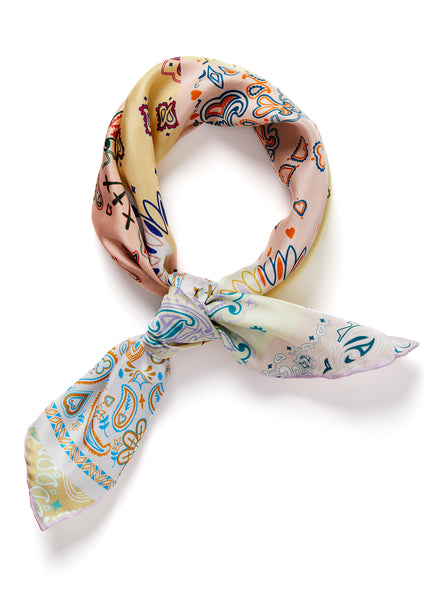 THE HANKIE NECKERCHIEF - Yellow and orange multicolour printed silk twill scarf - tied