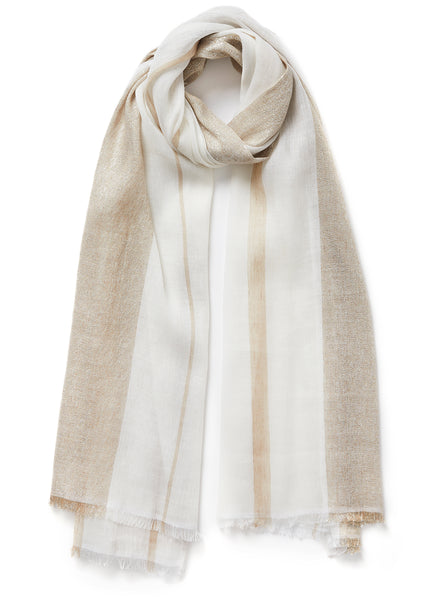 THE SOLITAIRE - White and beige striped cashmere and linen scarf with silver Lurex - tied