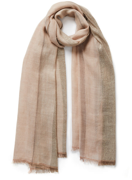 THE SOLITAIRE - Pink and taupe striped cashmere and linen scarf with gold Lurex - tied