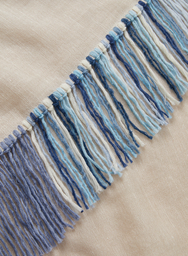 THE CABANA - Cream and blue fringed cashmere and linen triangle scarf - detail