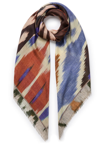 THE IKAT SQUARE - Red and blue multicolour printed modal and cashmere scarf - Tied