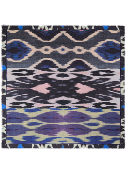 THE IKAT SQUARE - Blue multicolour printed modal and cashmere scarf - Flat