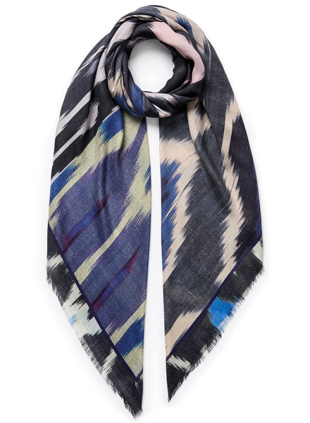 THE IKAT SQUARE - Blue multicolour printed modal and cashmere scarf - Tied