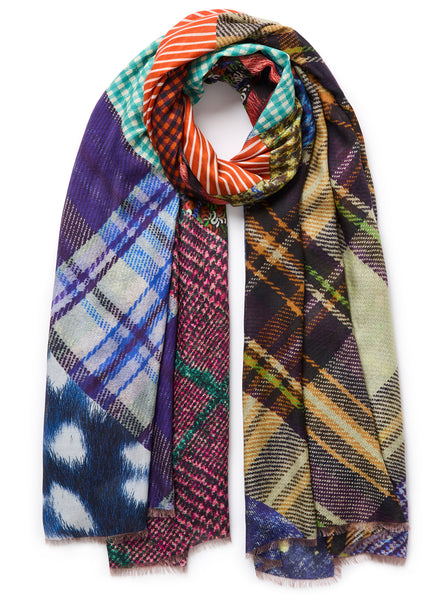 THE PATCH WRAP - Bright multicolour printed modal and cashmere scarf - Tied