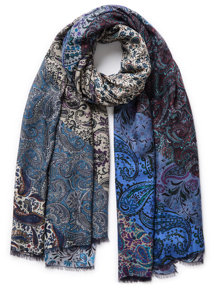 THE PAISLEY WRAP - Tonal blue printed modal and cashmere scarf - Tied