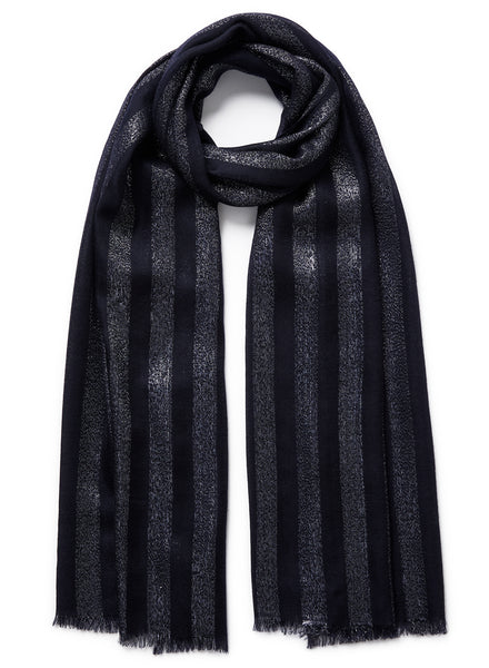 THE SKYLINE - Navy cashmere scarf with silver stripes - Tied