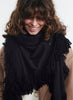 JANE CARR, THE CHALET SQUARE - Black fringed pure cashmere scarf - model