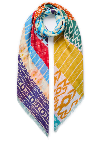 THE POSITANO SQUARE - Bright multicolour printed modal and cashmere scarf - tied