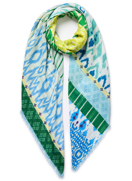 THE POSITANO SQUARE - Green and blue printed modal and cashmere scarf - tied