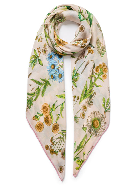 THE MARGHERITA SQUARE - Pink multicolour printed modal and cashmere scarf - tied