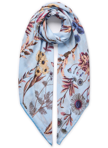 THE MARGHERITA SQUARE - Blue and purple printed modal and cashmere scarf - tied