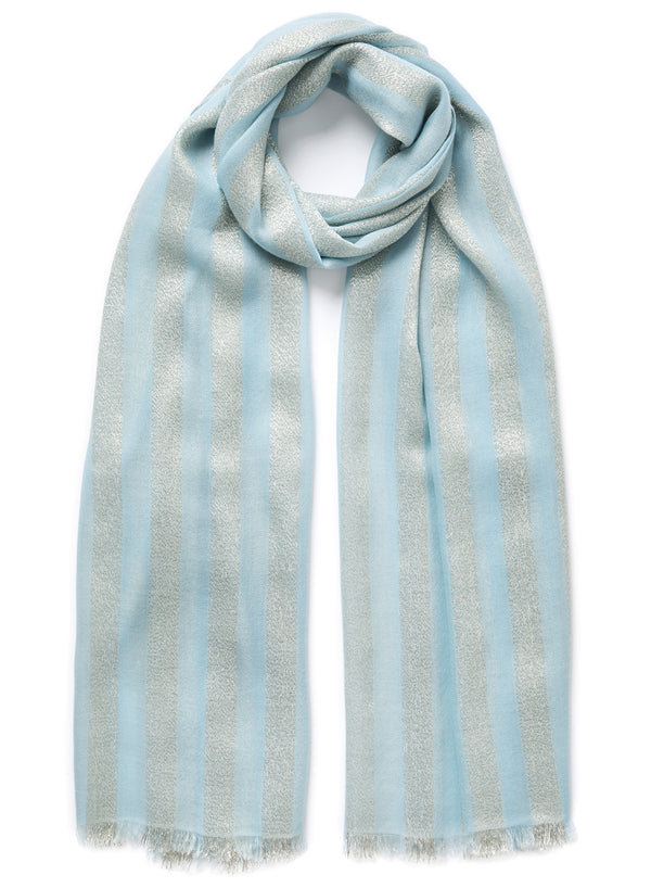 JANECARR - THE SKYLINE - Pale blue cashmere scarf with light gold stripes - 1