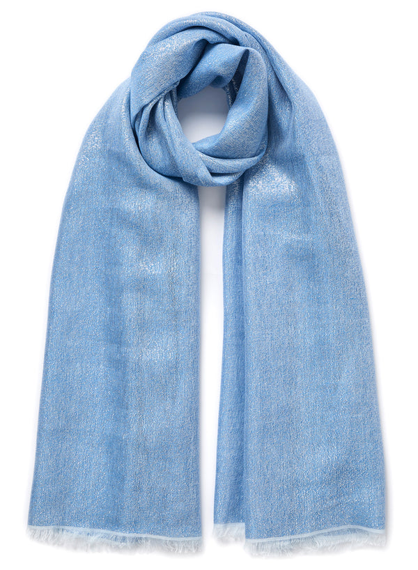 JANECARR 250172-7231 – The Summer Cosmos Scarf – Cashmere – Linen – Lurex – Col. Sky Blue - tied