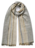 THE SOLITAIRE - Khaki and grey striped cashmere and linen scarf with pale gold Lurex - tied