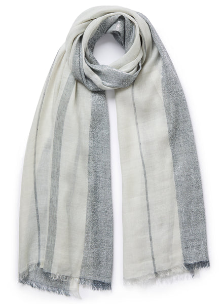 THE SOLITAIRE - Tonal grey striped cashmere and linen scarf with silver Lurex - tied