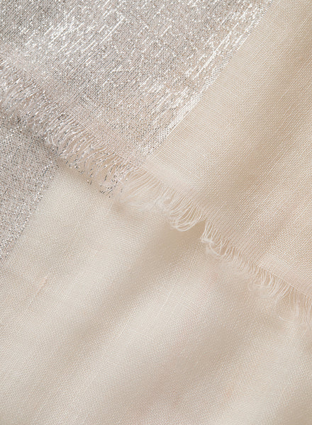 THE SOLITAIRE - Tonal pink grey striped cashmere and linen scarf with silver Lurex - detail