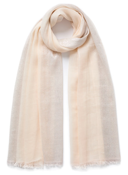 THE SOLITAIRE - Tonal pink grey striped cashmere and linen scarf with silver Lurex - tied