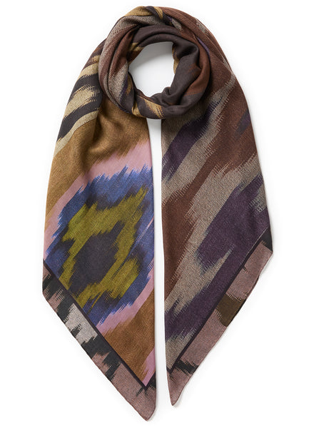 THE IKAT SQUARE - Brown multicolour printed modal and cashmere scarf - tied