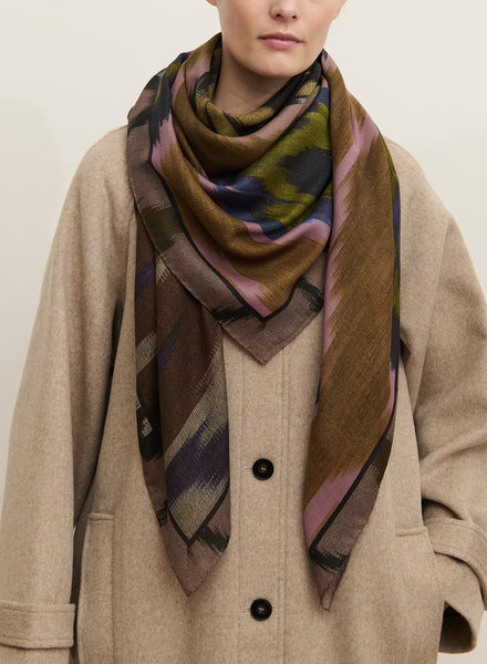 THE IKAT SQUARE - Brown multicolour printed modal and cashmere scarf - female model